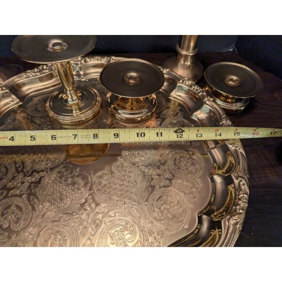 Baldwin Brass Candle Holders &Elegant Ornate Brass Tray 15" Wedding Home Décor - Picture 5 of 7